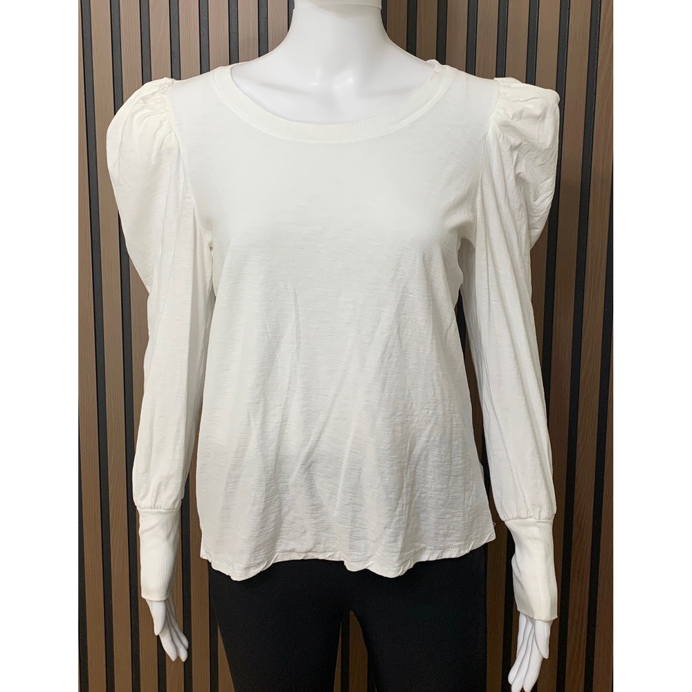 Nation LTD White Pima Cotton Puff Sleeve Top Long Sleeve Crew Neck Size L